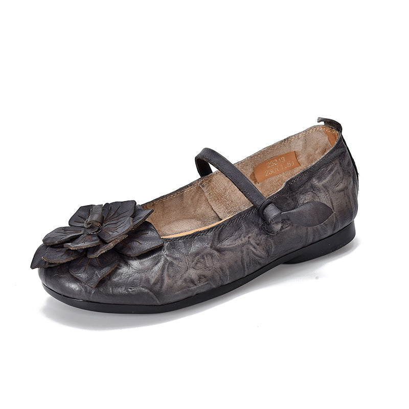 Women's First Layer Cowhide Soft Bottom Ethnic Style Flower Artistic Retro Women's Casual Shoes
