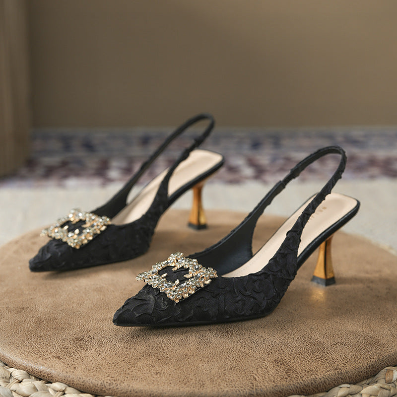 Women's Style Satin Pleated Square Buckle Pointed Toe Stiletto Sandals