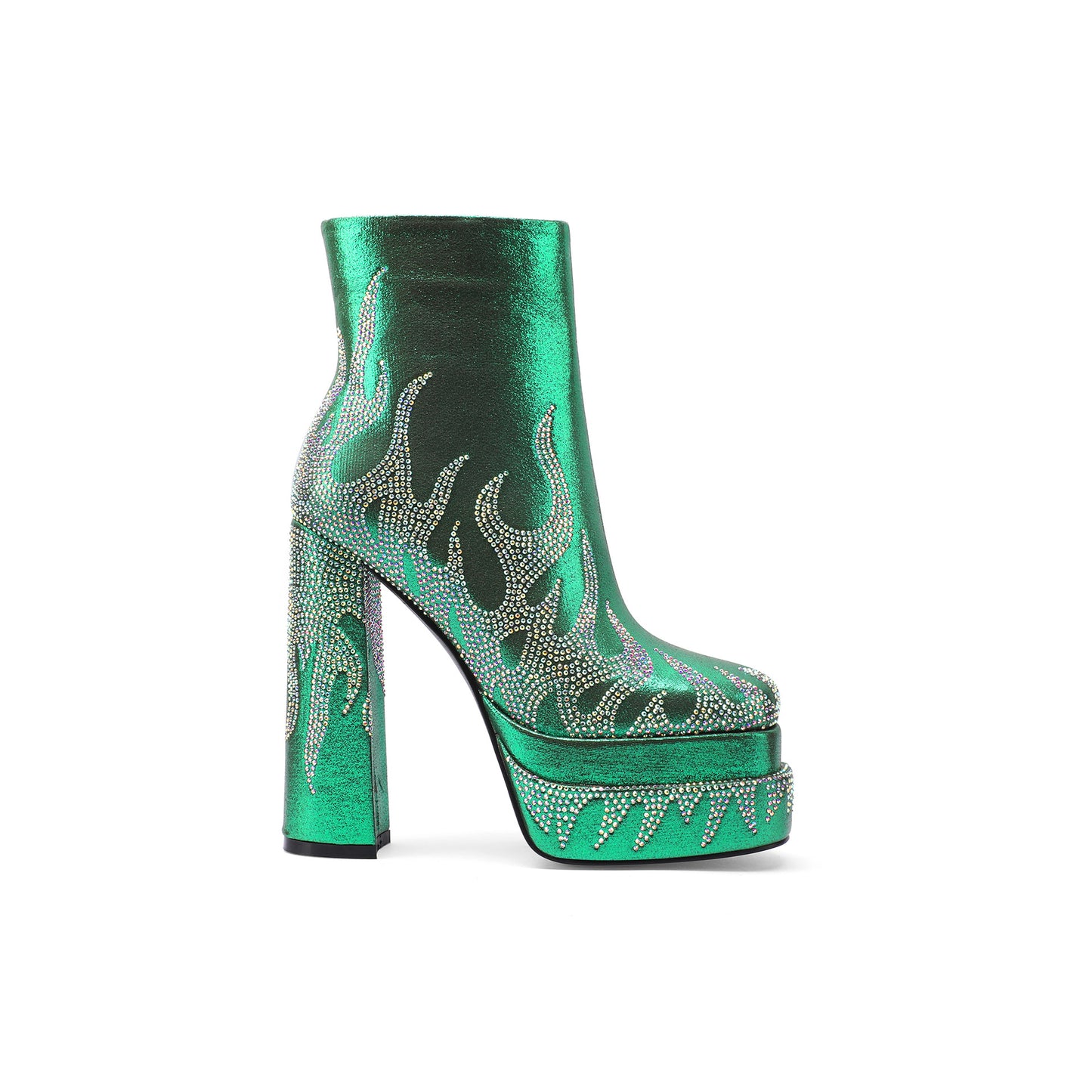 Women's Flame Pattern Bootie Square Head Side Zipper Chunky High Plus Heels