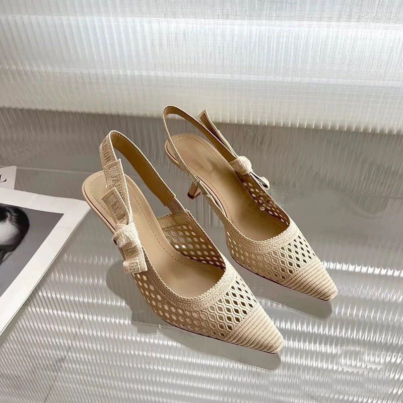 Women's Mesh Bowknot Color Matching Summer Home Sexy Breathable Letter Cat High Heeled Sandals
