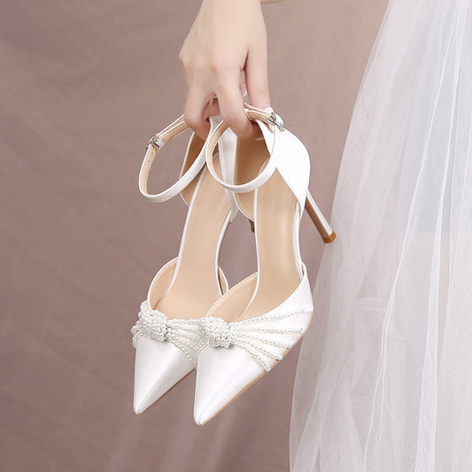 Women's Multiple Pearl Pointed Toe Stiletto Buckle Strap High Sexy Heels