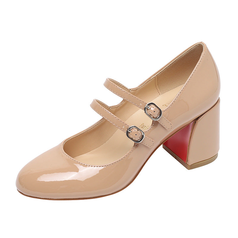 Round Head Double Buckle Chunky Mary Jane High Pumps Women's Fashion Shoes
