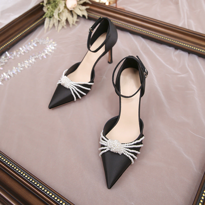 Women's Multiple Pearl Pointed Toe Stiletto Buckle Strap High Sexy Heels