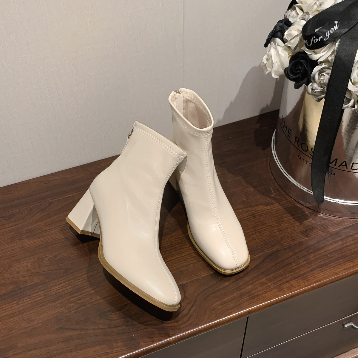 Women's Size Chunky Square Toe Booties Versatile Fashion Boots