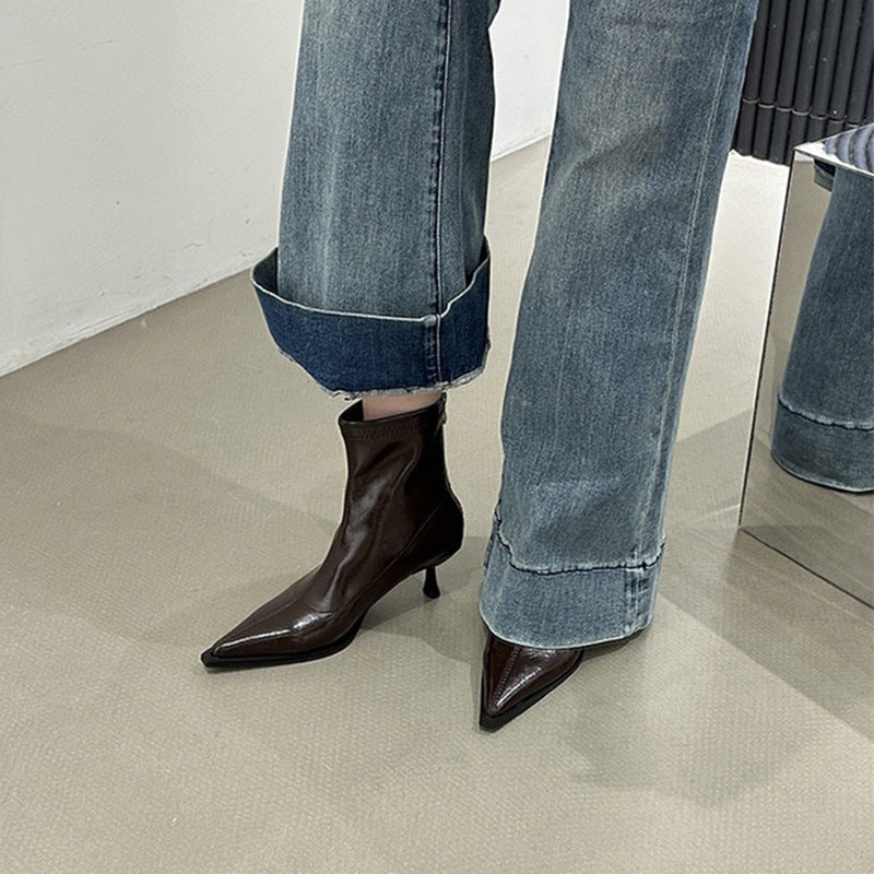 Women's Pointed Simple Solid Color Back Zip Short Women's Leather Boots