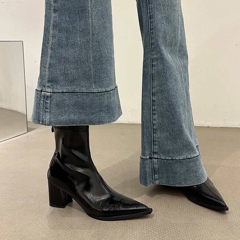 Black High Short Female British Style Women's Leather Boots