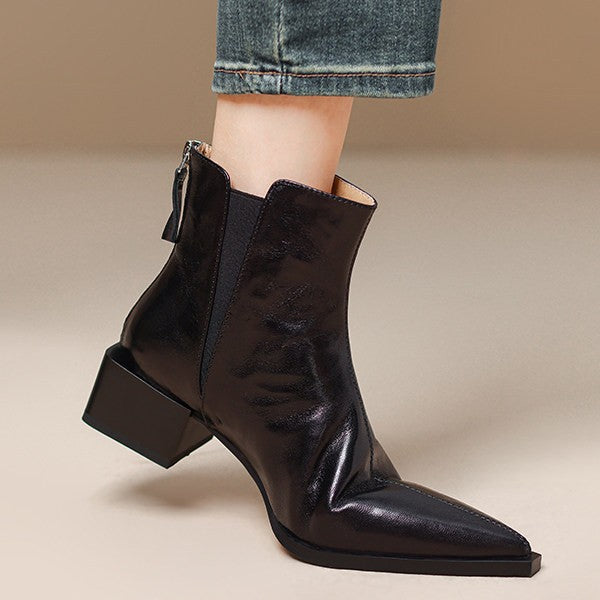 Women's Black Short Thick Thin Retro Martin Women's Leather Boots