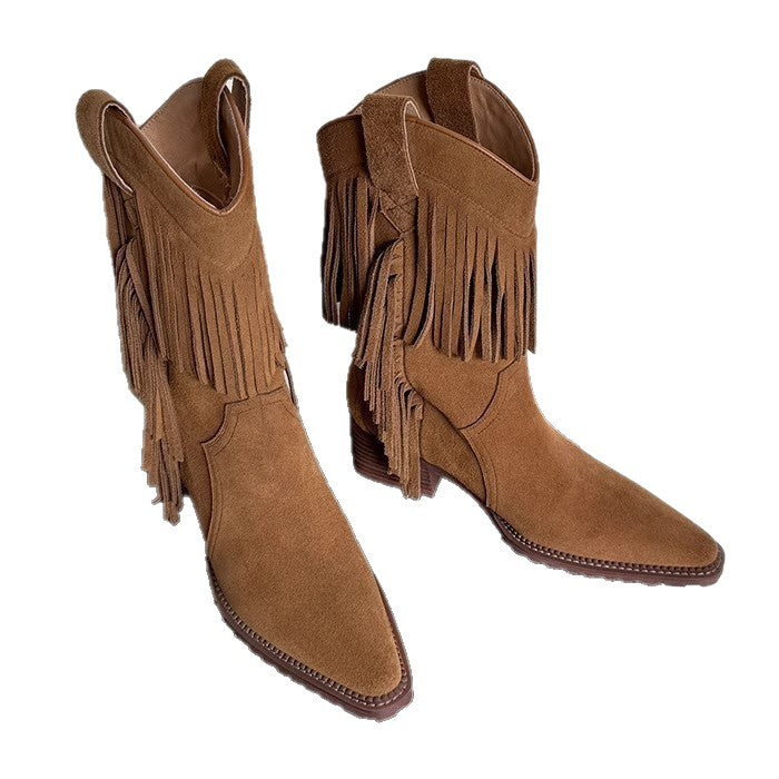 Knee-high Thick Western Cowboy Short Plus Women's Leather Boots