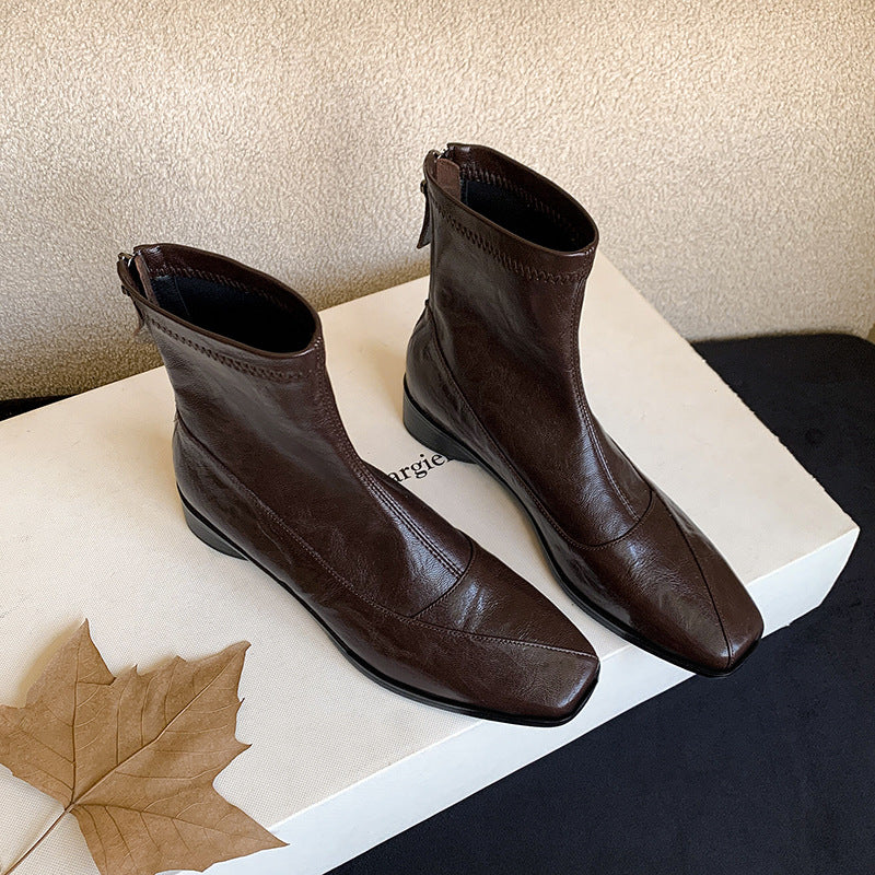 Women's Booties Genuine Temperament Square Toe Soft Bottom Comfortable Flat Boots