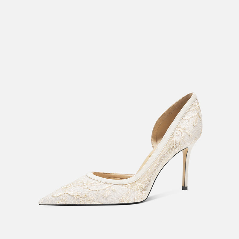 Women's Lace Mesh Commuter High Pointed Toe Design Heels