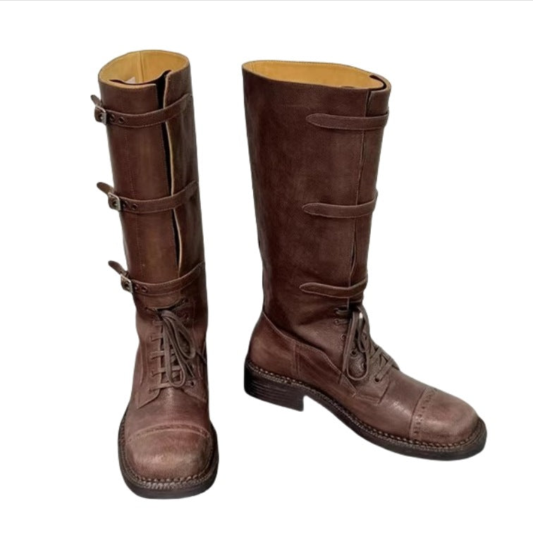 Large Size Retro British Martin Square Toe Laces High Women's Leather Boots