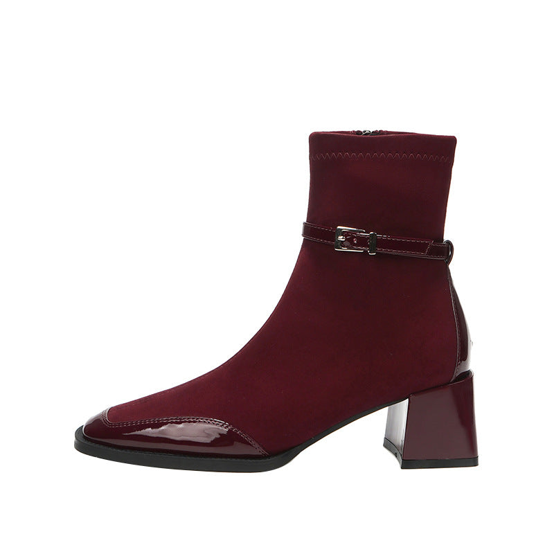 Women's Cashmere Stitching Square Toe Booties Chunky High Skinny Joker Women's Leather Boots