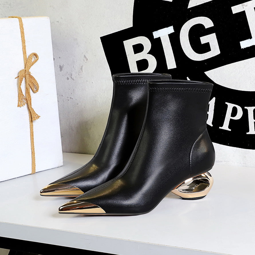 Banquet Bootie Female Metal Middle Pointed Women's Leather Boots