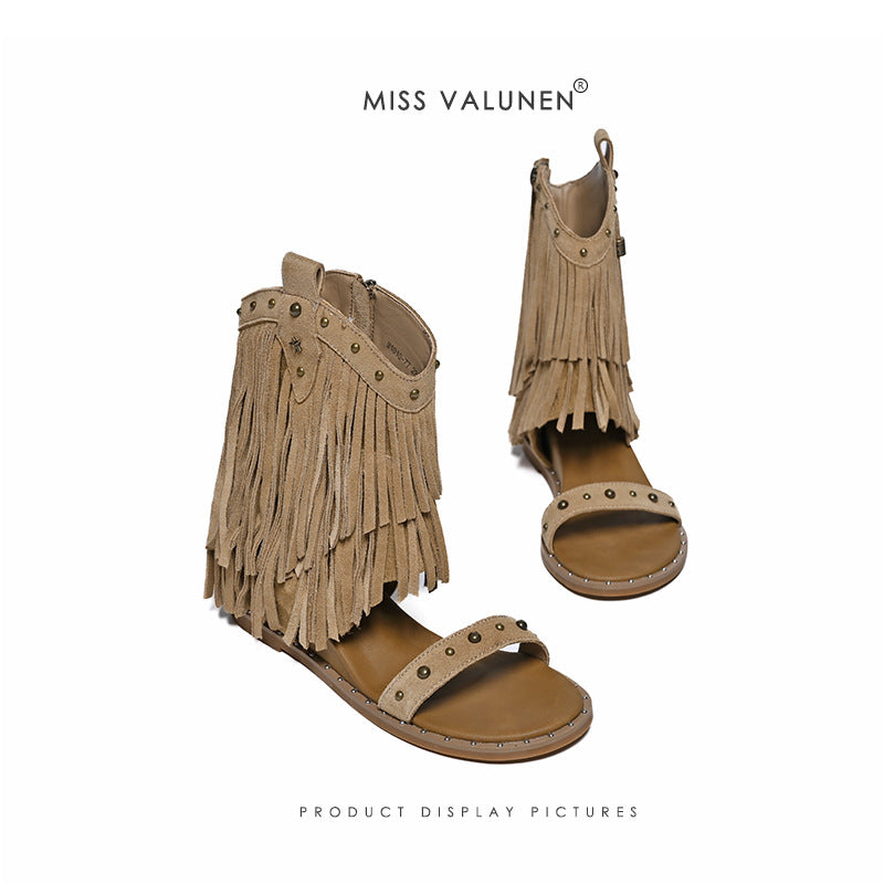 Women's Summer Tassel Strap Roman Style Western Cowboy Matte Women's Leather Boots