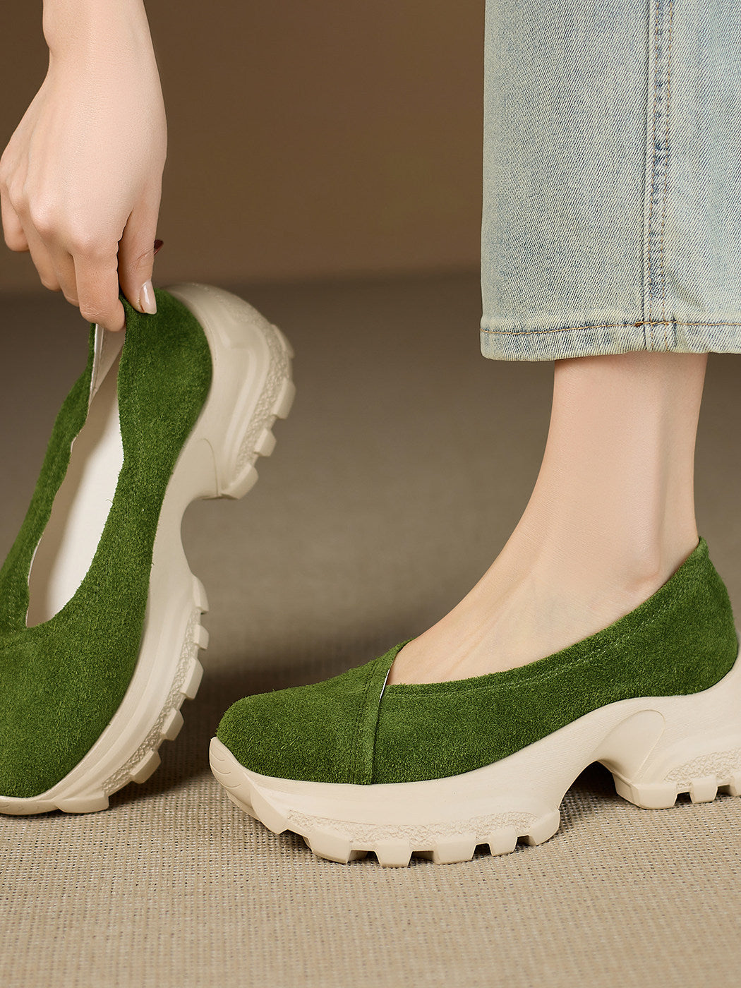 Women's Sheepskin Spring Style Platform Green Slip-on Lazy Women's Casual Shoes