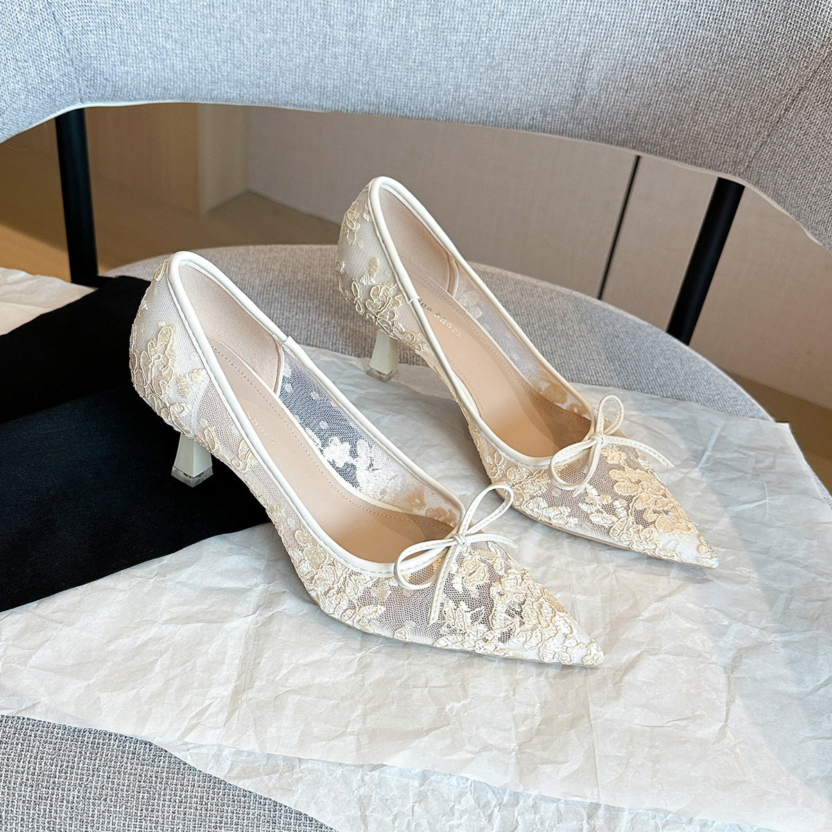 Women's Lace Pointed Toe High Spring Bow Mesh Stiletto Banquet Women's Fashion Shoes