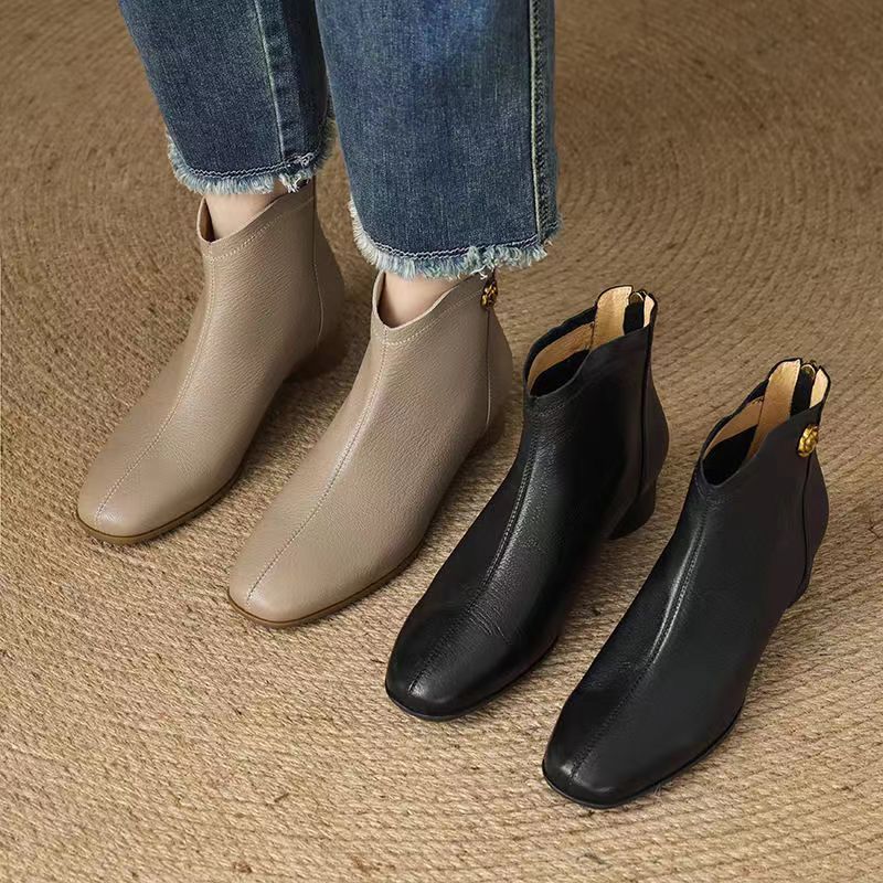 Women's Short French Style Warm Bottom Thick Ankle Niche Women's Leather Boots