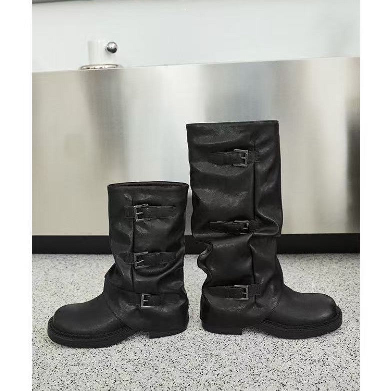 Women's Buckle High Tube Short Western Long Women's Leather Boots