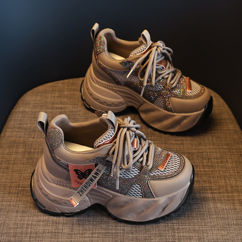 Women's Thick-soled Height Increasing Insole Rhinestone Mesh Surface Clunky Sports Casual Shoes