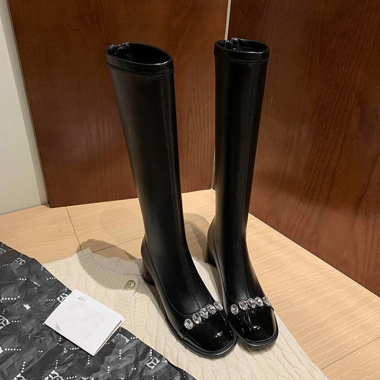 Rhinestone Round Head Chunky Knight Female Temperament High Leisure Stretch Women's Leather Boots