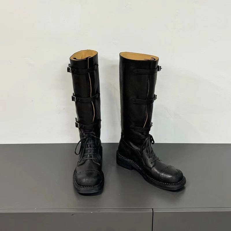 Large Size Retro British Martin Square Toe Laces High Women's Leather Boots
