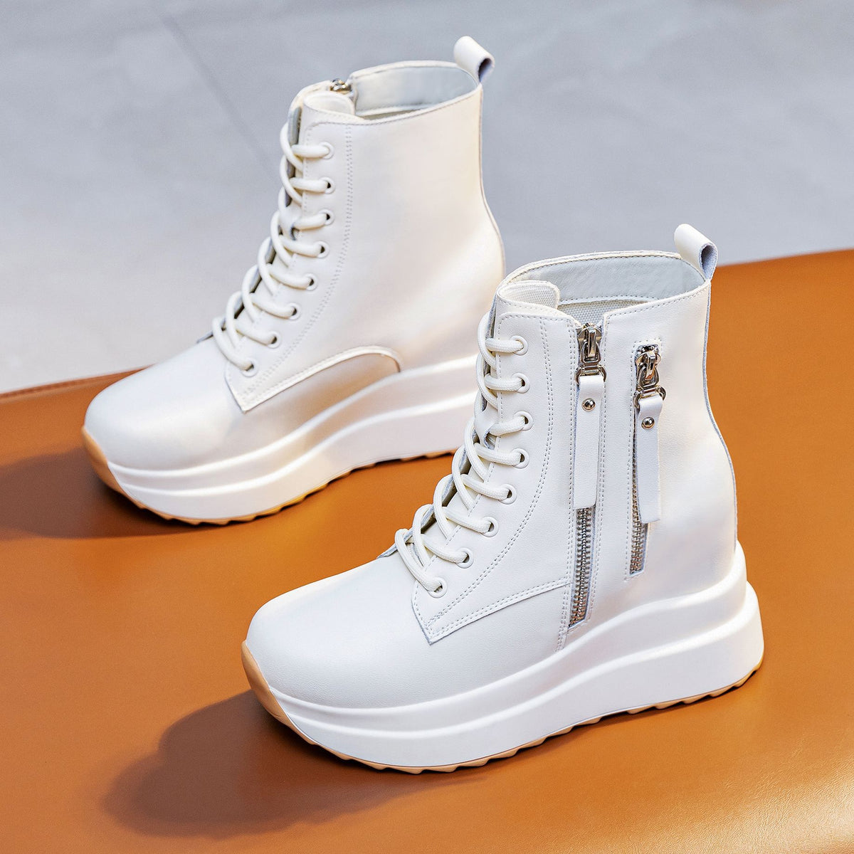 Women's Korean Platform White Sports Ankle Women's Leather Boots