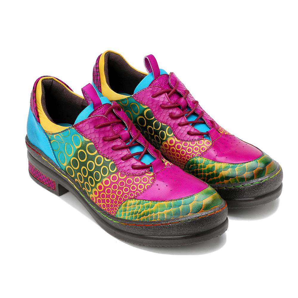 Women's Genuine Retro Contrast Color Chunky Flat Women's Fashion Shoes