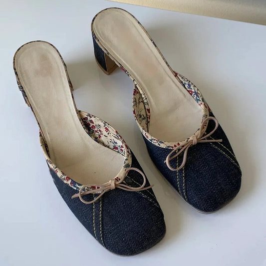 Women's Niche Denim Square Toe Bow Thick Semi Women's Fashion Shoes