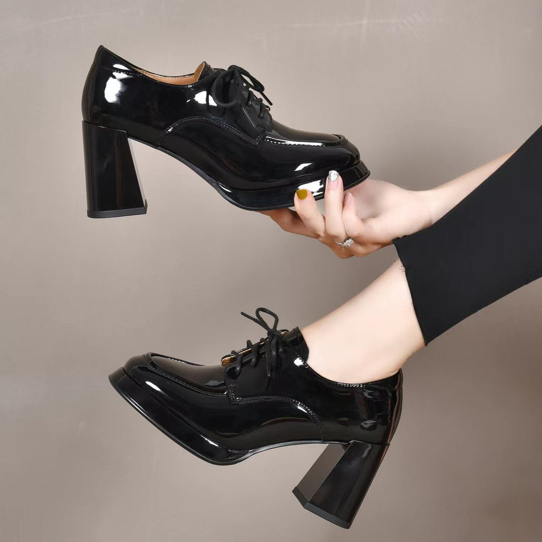 Women's Chunky Pumps Simple Pure Color Tied Western Style Patent Heels