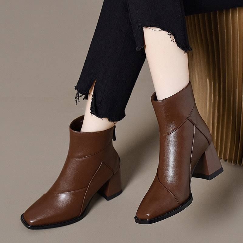 Women's Toe Booties Back Zipper Skinny Chunky Short Ankle Fleece-lined Women's Leather Boots
