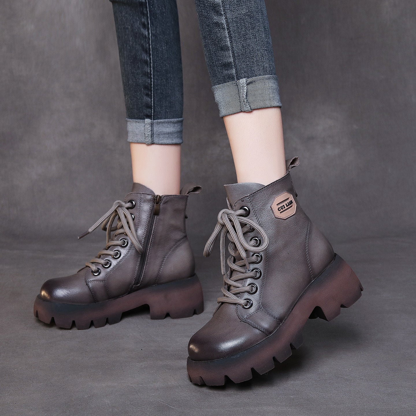 Women's Handmade Martin For Winter Lace Up Increased Single-layer Women's Leather Boots