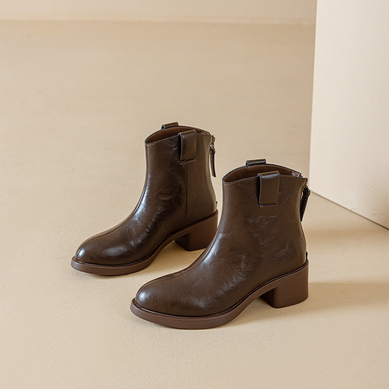 Women's Thin Winter Fleece-lined Warm Chunky Ankle Women's Leather Boots