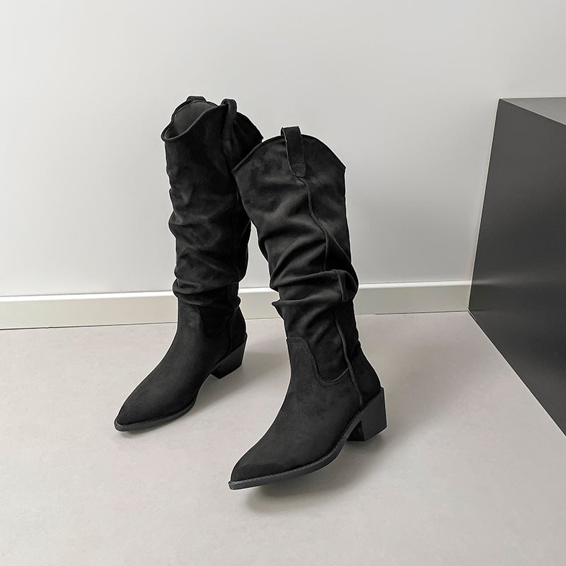Women's Knight V Buckle Skinny Pile Style Chunky Women's Leather Boots