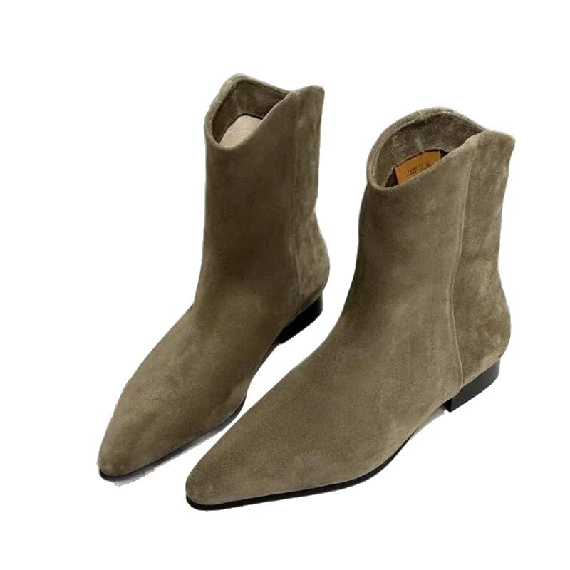 Women's Sheepskin Version Minimalist Suede Pointed Flat Skinny Short Fleece-lined Western Women's Leather Boots