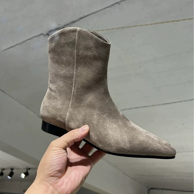 Women's Sheepskin Version Minimalist Suede Pointed Flat Skinny Short Fleece-lined Western Women's Leather Boots