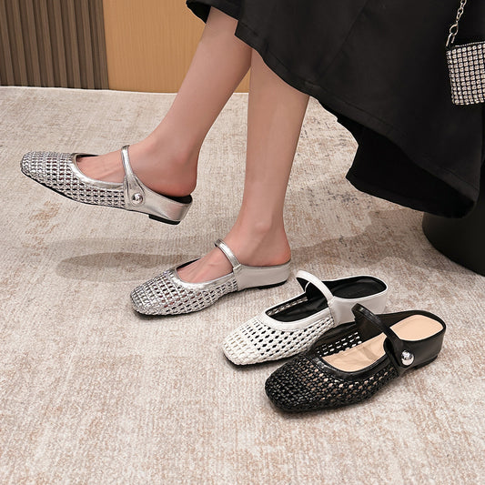 Women's Square Toe Woven Hollowed Breathable Height Increasing Insole Back Open Women's Fashion Shoes
