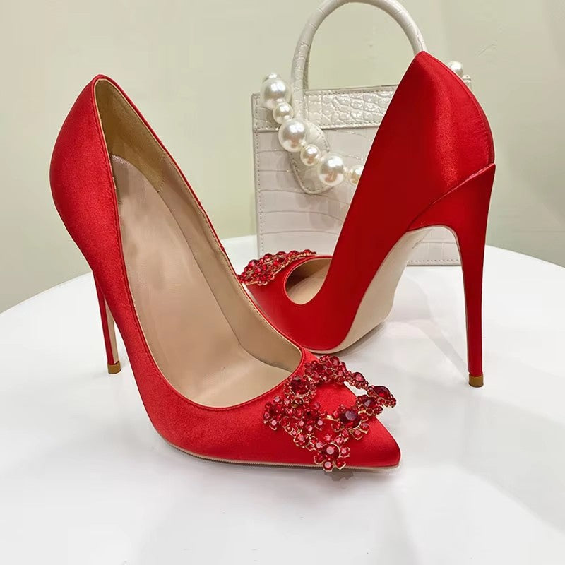 Women's Square Buckle High Pointed Stiletto Low-cut Pumps Red Women's Fashion Shoes
