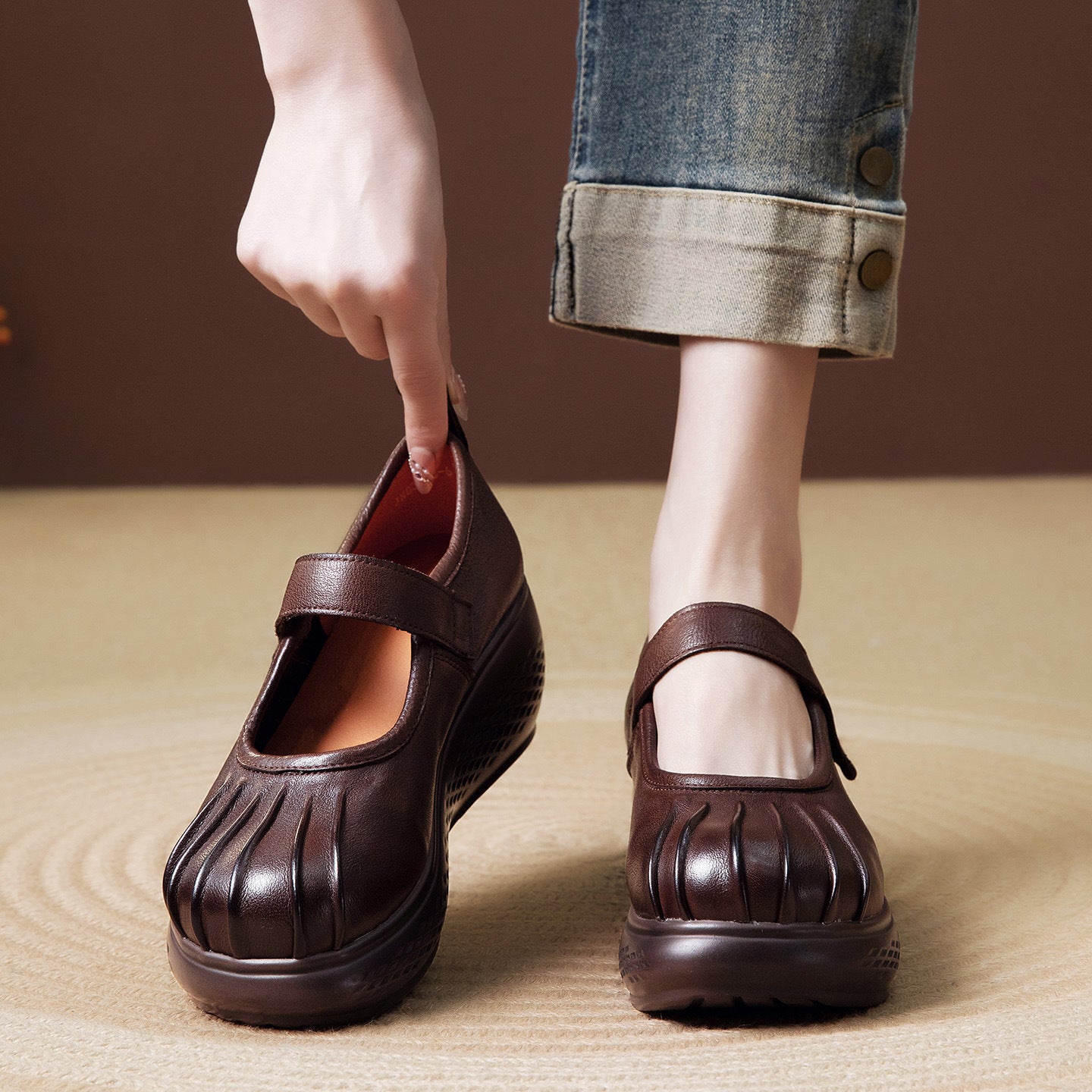 Women's Vintage Mary Jane Spring Ethnic Style Handmade Genuine Wedge Thick Women's Fashion Shoes