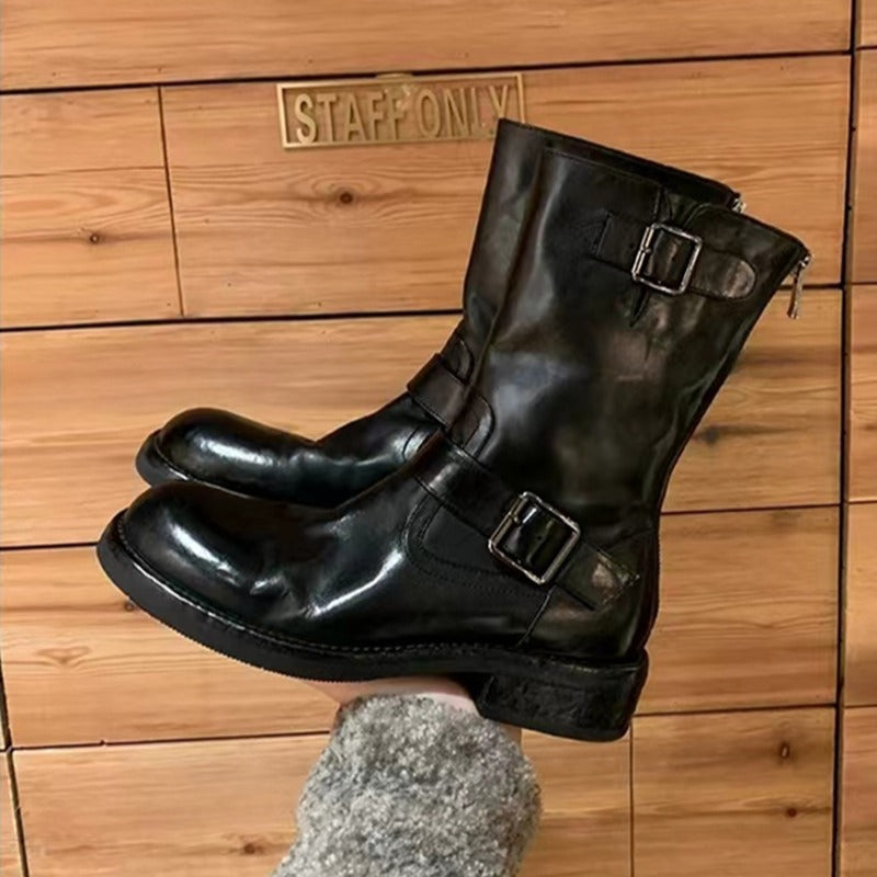Buckle Design Horse Round Head Small Chunky Increased Look Women's Leather Boots