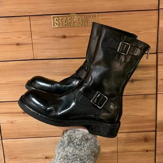 Buckle Design Horse Round Head Small Chunky Increased Look Women's Leather Boots