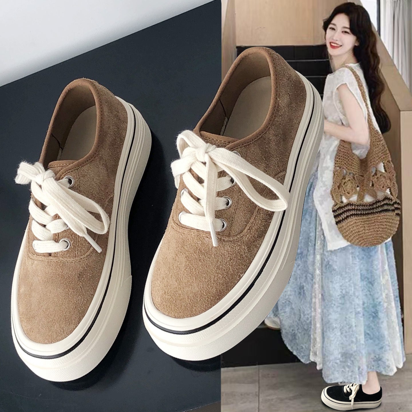 Women's Layer Cowhide Reverse Made Board Thick Bottom Korean Sneakers