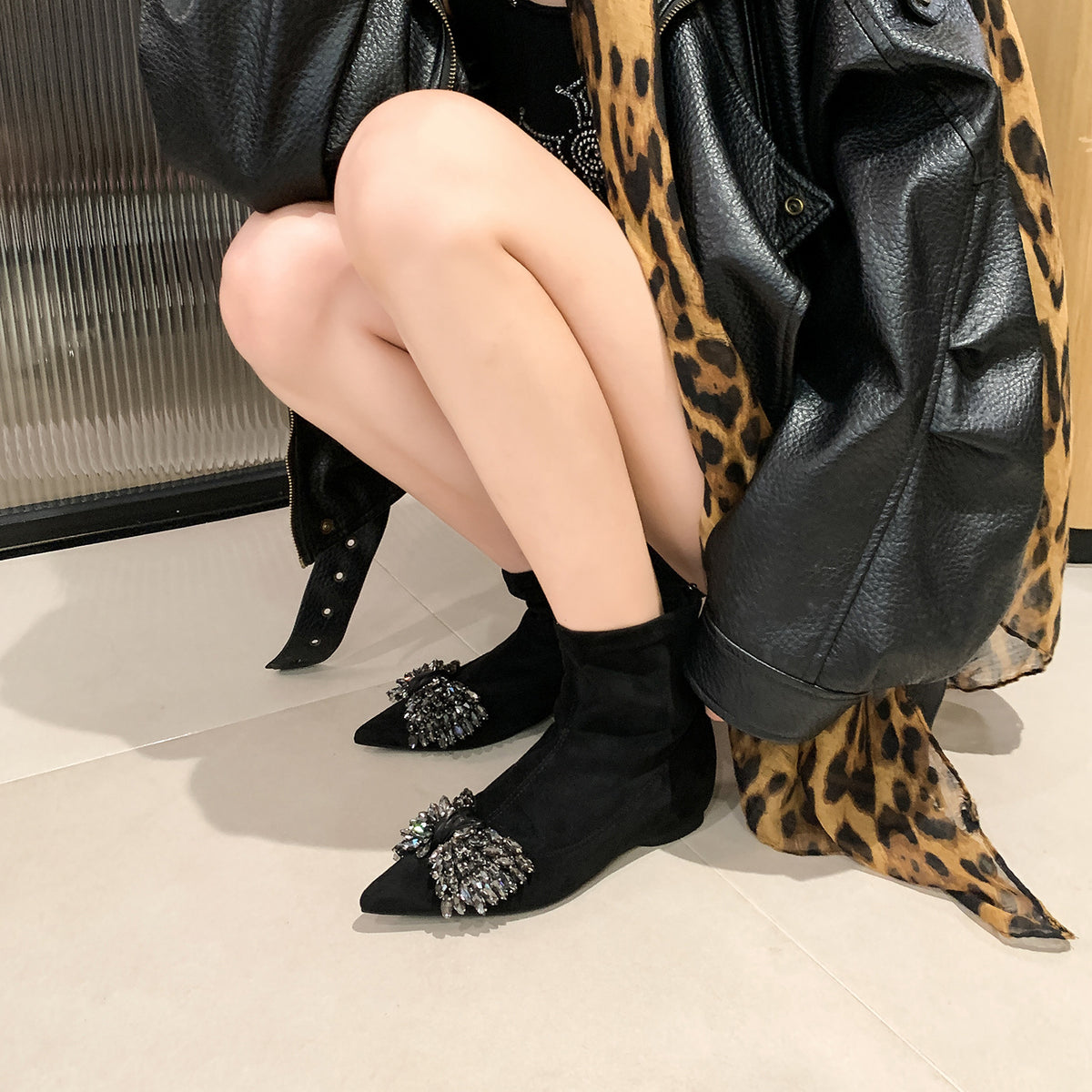 Women's Skinny Ankle Suede Stretch French Western Women's Leather Boots