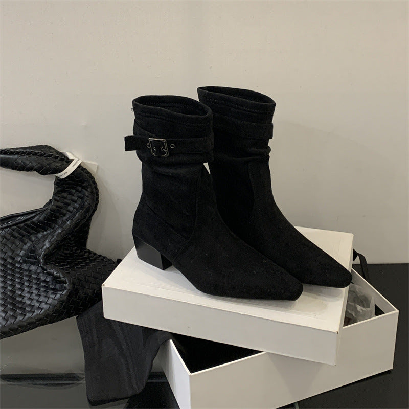 Women's With Skirt Thin Khaki Matte Suede Boots