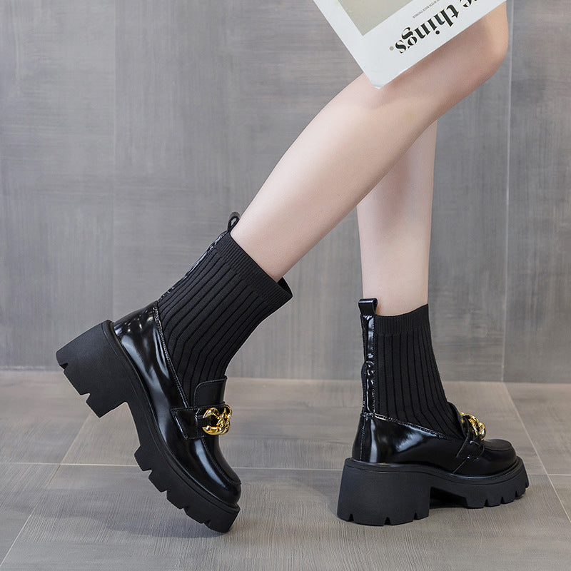 Women's Platform High Preppy Style Mary Jane Korean Chain British Leather Shoes