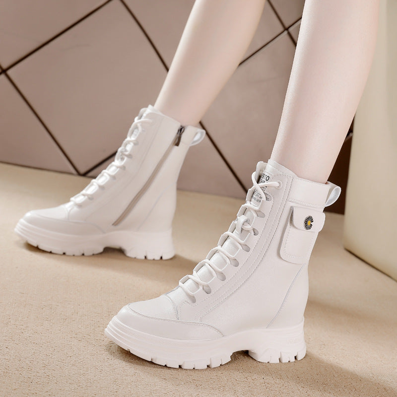 Women's Martin British Style Small Thick Bottom Height Increasing Insole Women's Leather Boots
