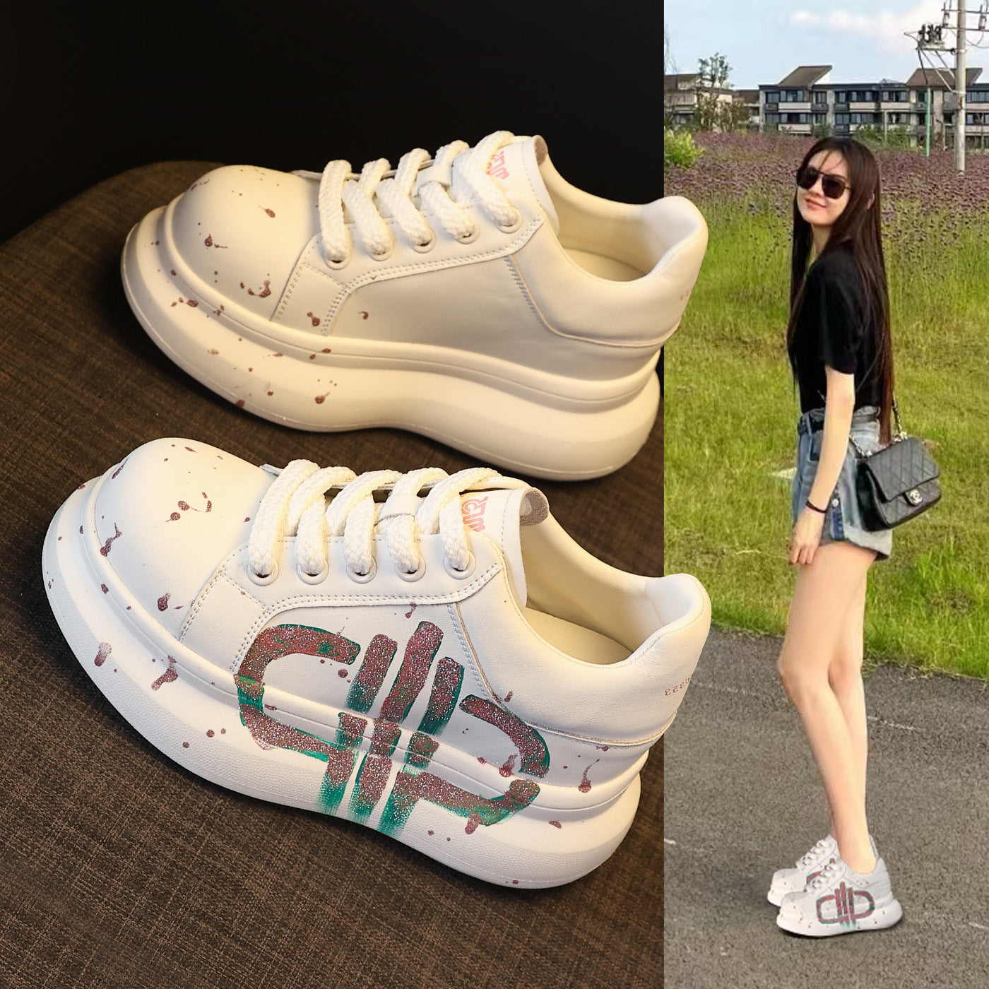 Women's Bottom Height Increasing Insole White Spring Sports Casual Shoes