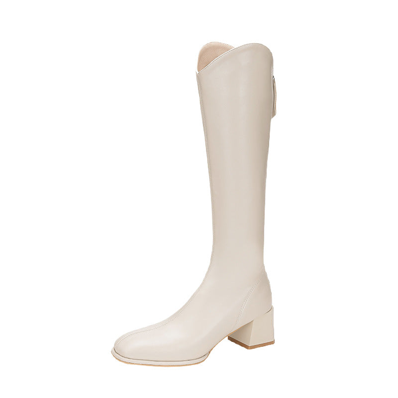 Women's Elastic Square Toe Chunky V Cut Back Zipper Slimming Below Women's Leather Boots