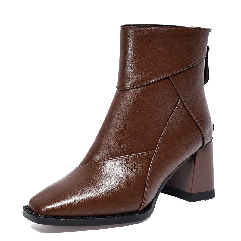 Women's Toe Booties Back Zipper Skinny Chunky Short Ankle Fleece-lined Women's Leather Boots