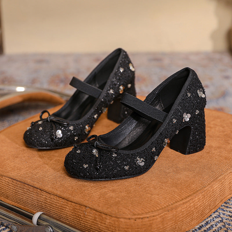 Women's Classic Style Early Spring Fairy Thick Bowknot Sequins Round Toe Women's Fashion Shoes