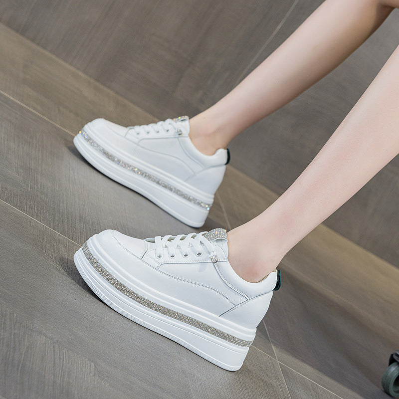 Women's White Platform Muffin Height Increasing Insole Pearl Diamond Elastic Lace Women's Casual Shoes